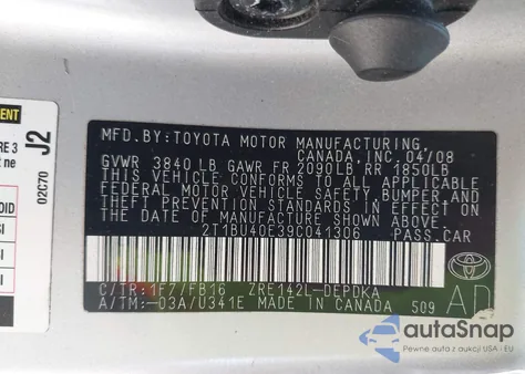 2009 Toyota Corolla Le z USA, uszkodzony, nr VIN 2T1BU40E39C041306